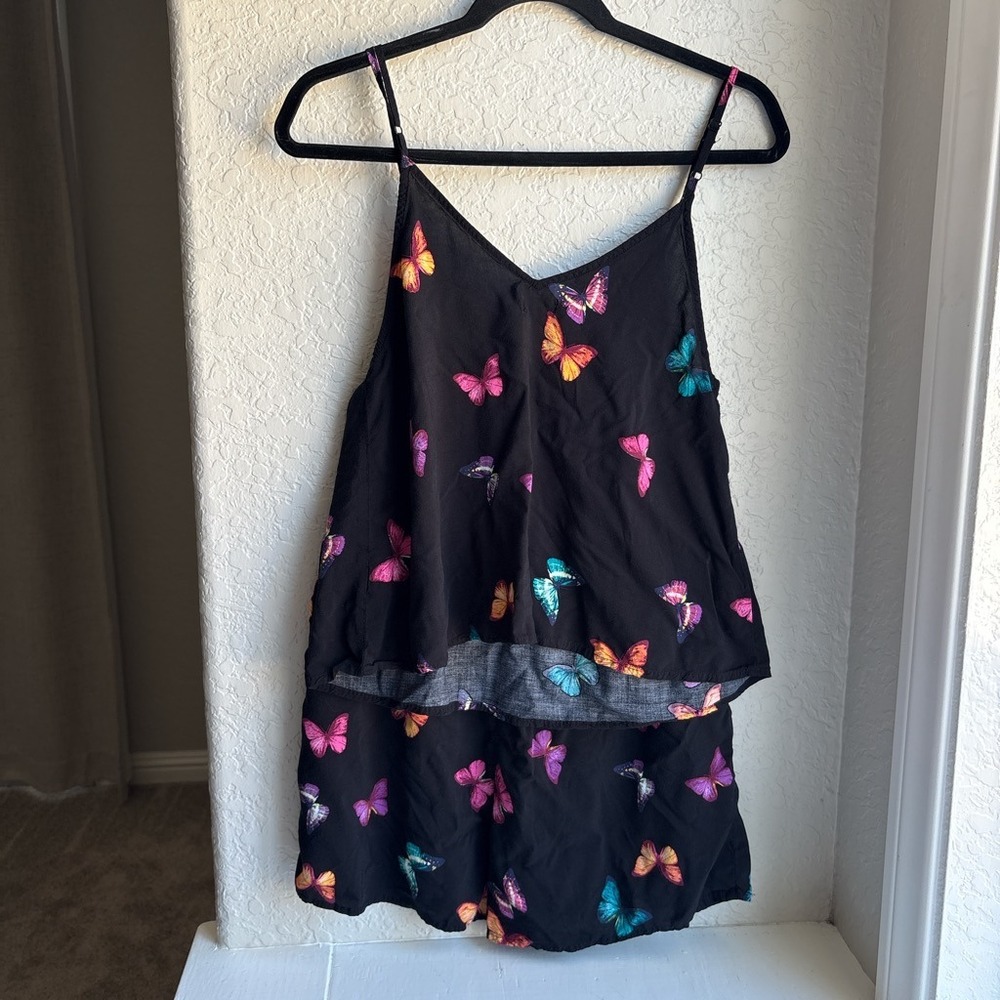 BeautySleep Social Butterfly Print Womens Medium Pajama Set‎ Black 2 Piece Rayon - Picture 2 of 5
